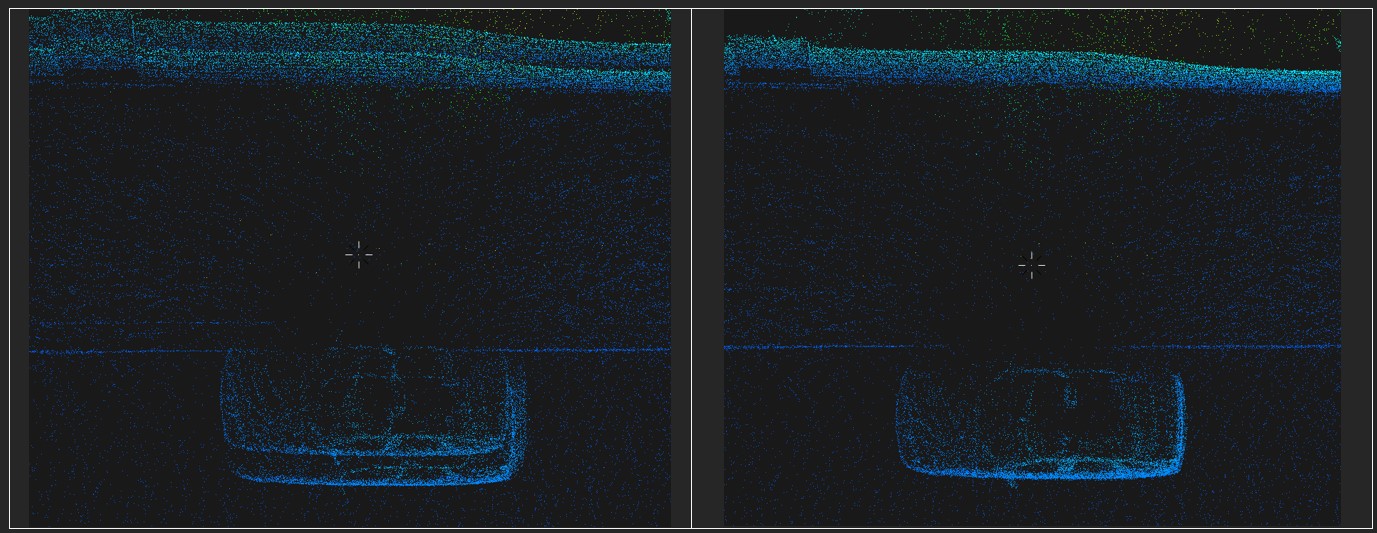 Point cloud before and after calibration in PCMasterPro.