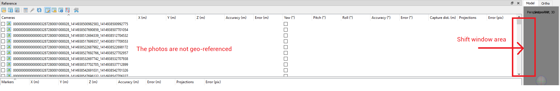 Figure 4. Missing coordinate and orientation data fields.