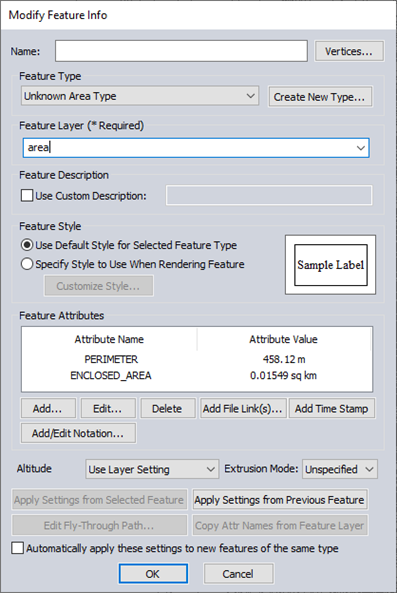 Figure 5. Area creation parameters.