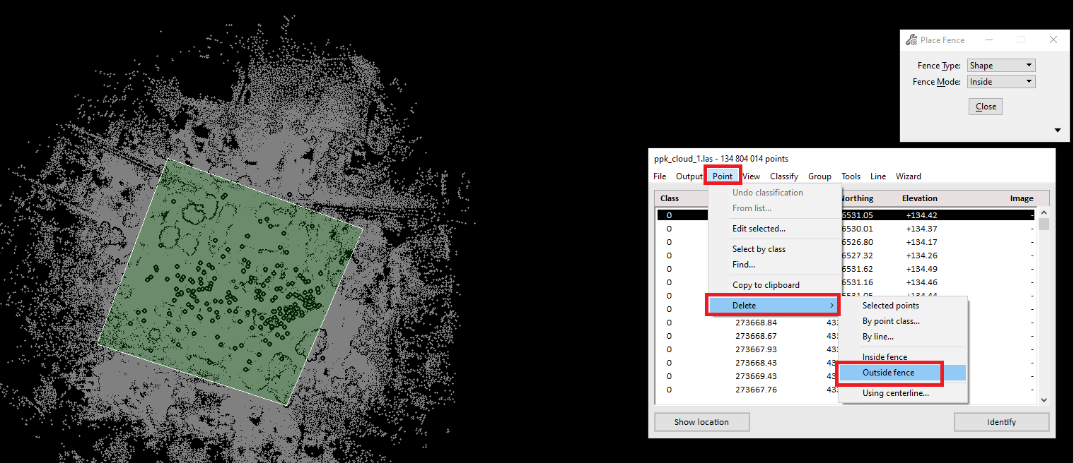 Figure 9. Menu for deleting points outside the selection area.