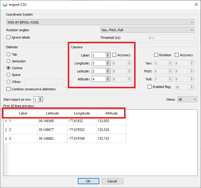 Figure 11. Import parameters for GCP file.
