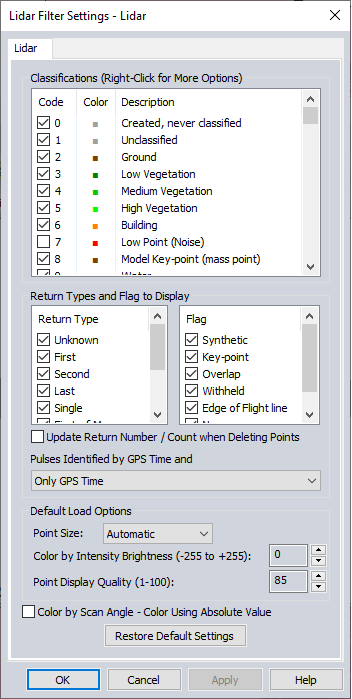 Figure 16. Lidar data display parameters.