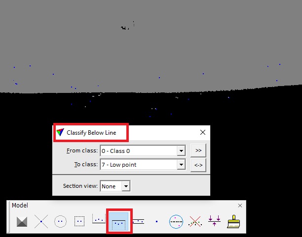 Figure 17. Selecting the "Classify Below Line" tool and setting the classification parameters.