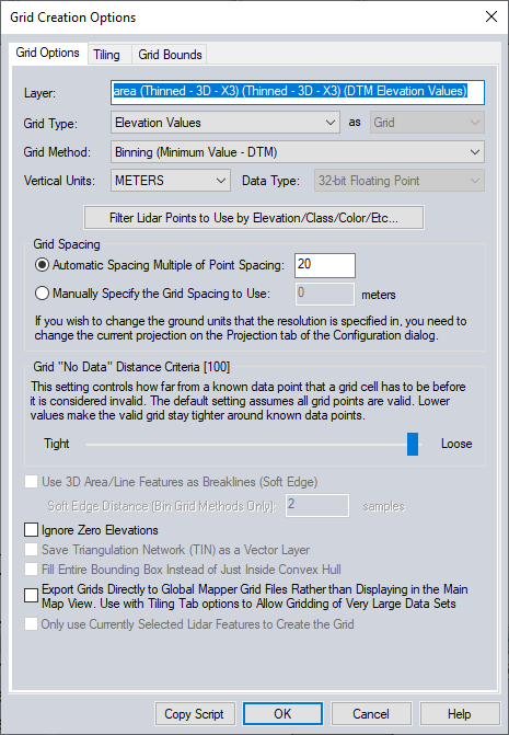 Figure 20. DEM generation parameters.