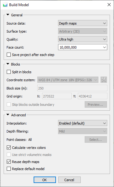Figure 20. Model generation parameters.