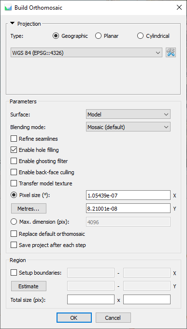 Figure 22. Orthomosaic generation parameters.