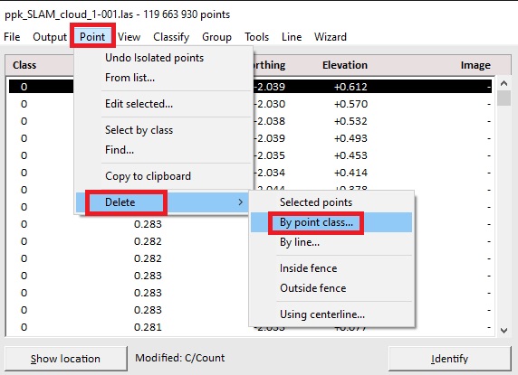 Figure 22. "Delete by point class" menu.