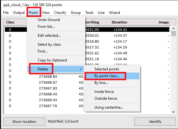Figure 24. Point class deletion menu.