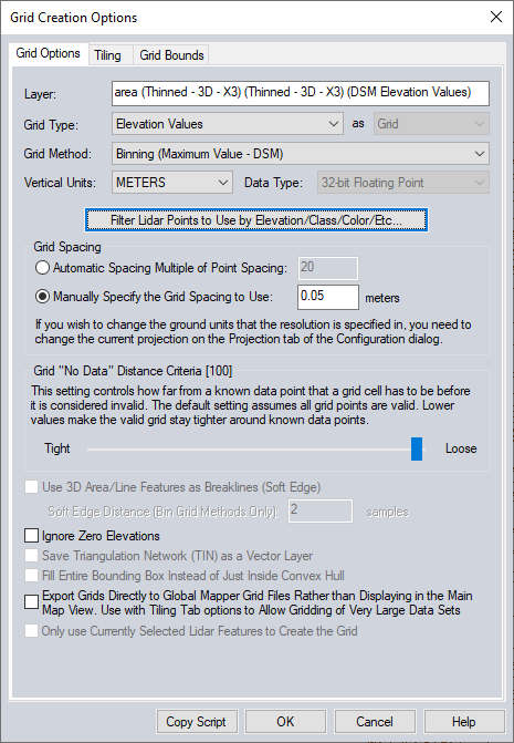 Figure 26. Parameters for DSM generation.