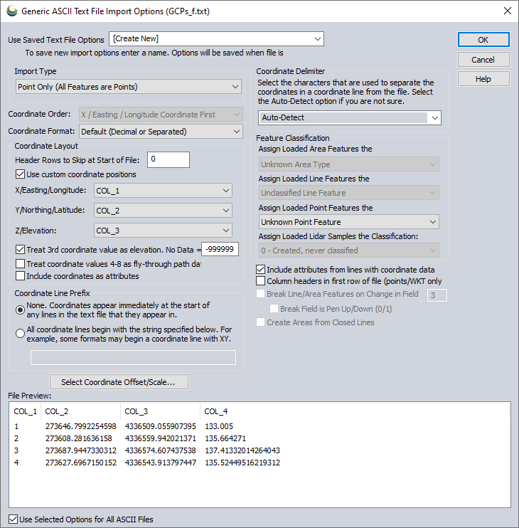 Figure 31. Control point import parameters.